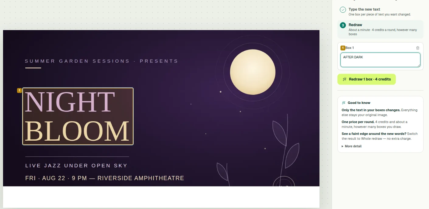 The text editor with the NIGHT BLOOM headline boxed and numbered 1 on the poster, and AFTER DARK typed as the new text for box 1 in the panel beside it