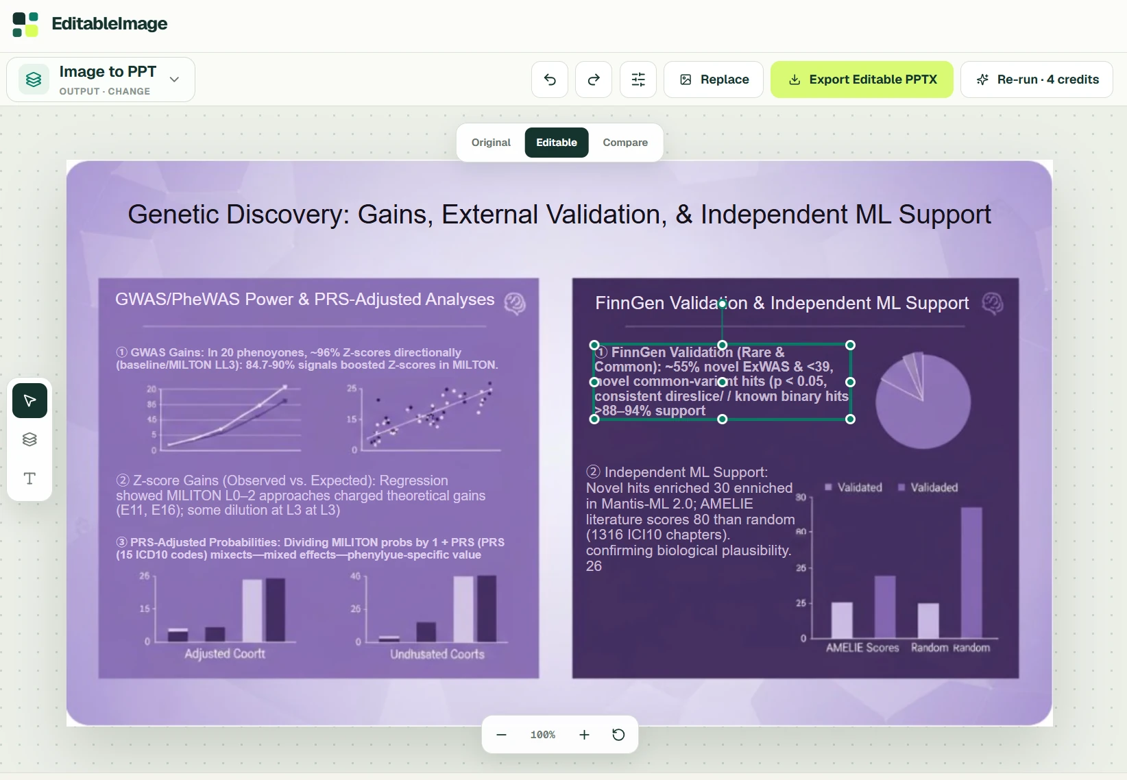 EditableImage browser editor showing the Genetic Discovery slide with a text object selected