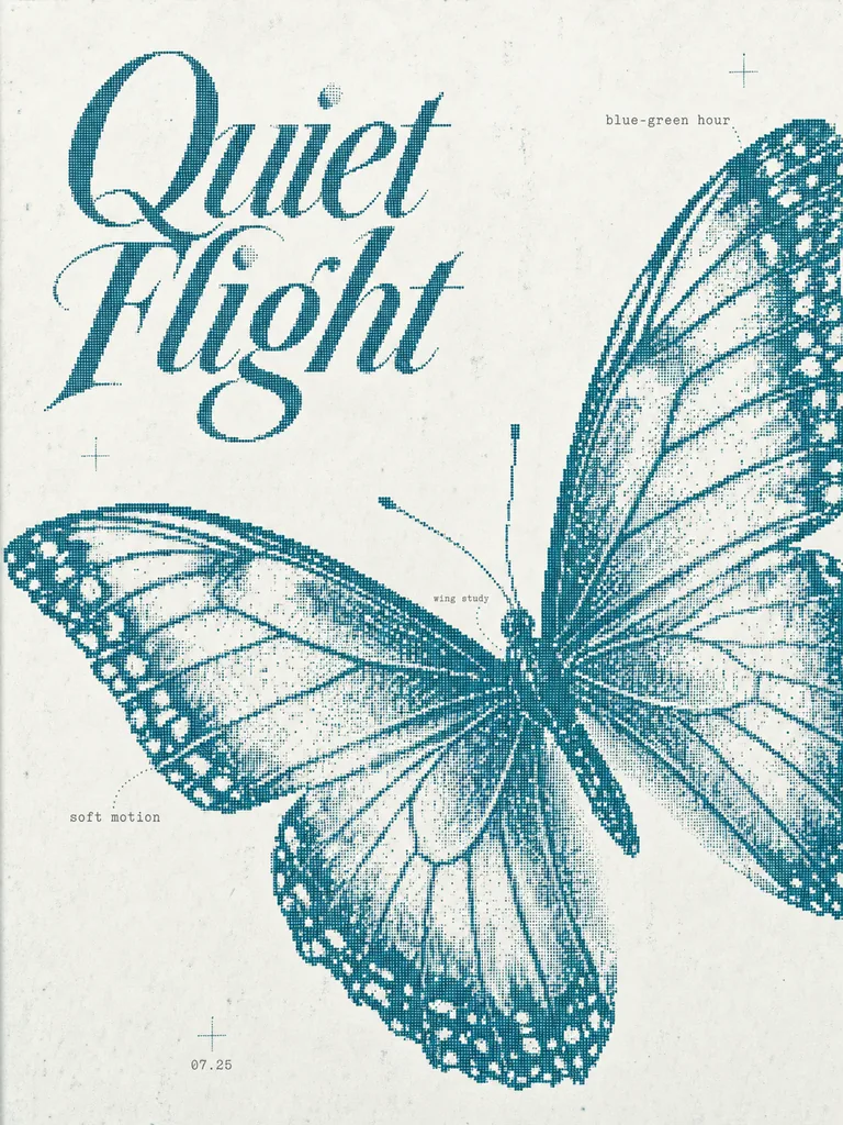 The original flat Quiet Flight poster with a large halftone butterfly, decorative title, small labels and crosshair marks
